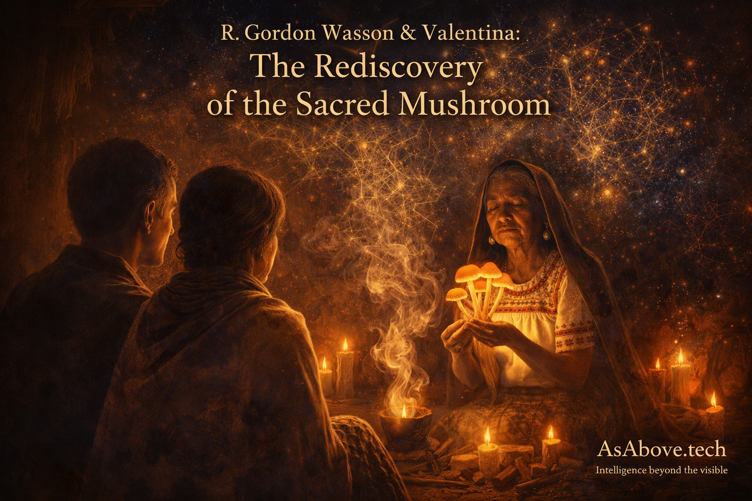 R. Gordon Wasson receives the sacred mushrooms from María Sabina during the velada ceremony in Huautla de Jiménez, 1955. Copal incense rises as the cosmos opens above them.